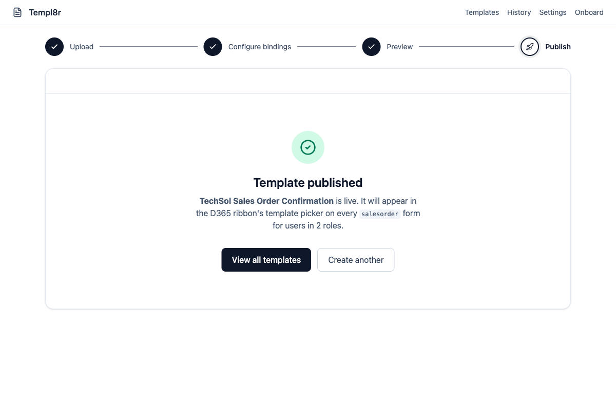 Templ8r portal publish step — template live in the D365 ribbon for selected roles