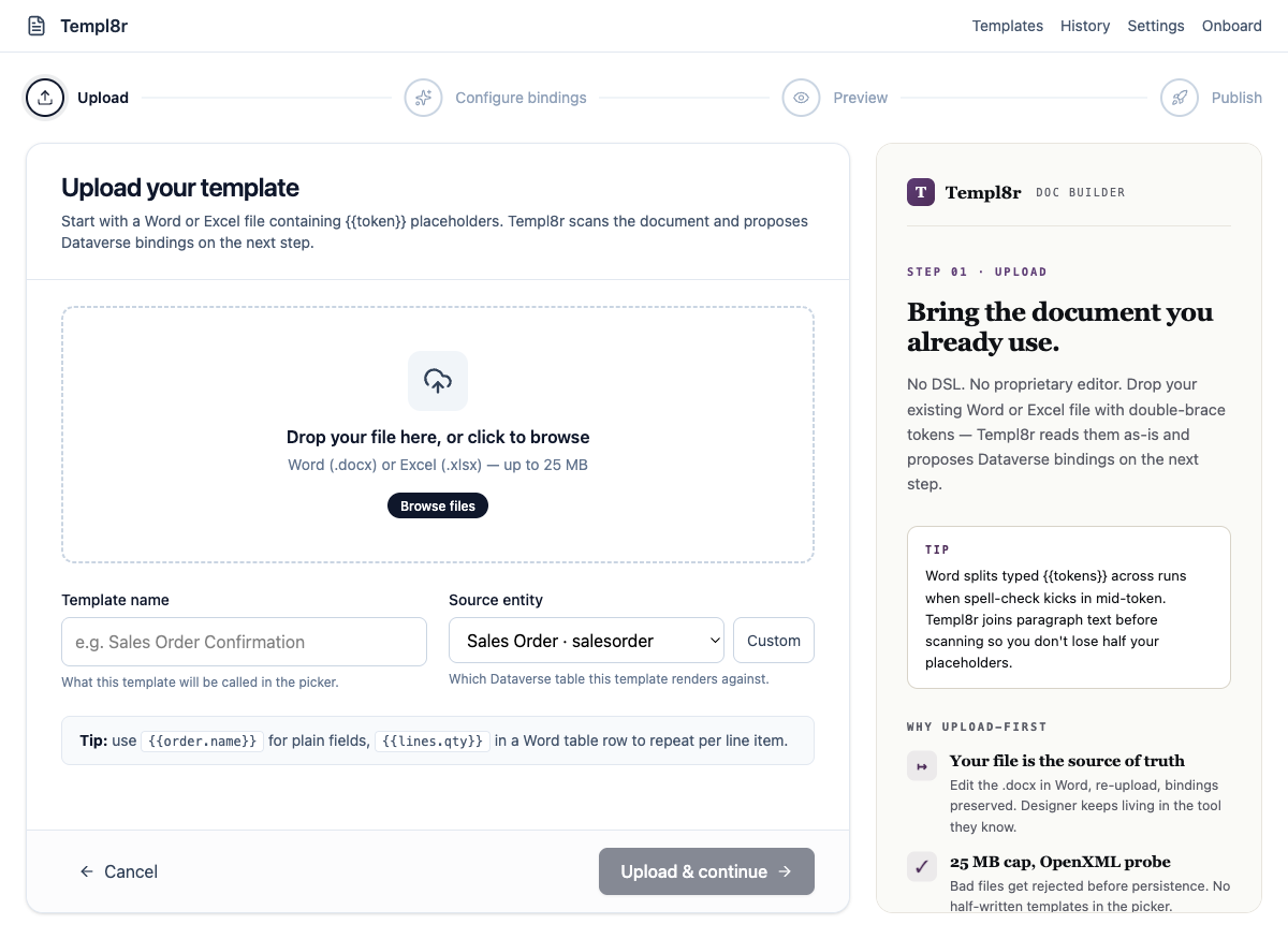Templ8r portal upload step — drop a .docx or .xlsx with {{tokens}}
